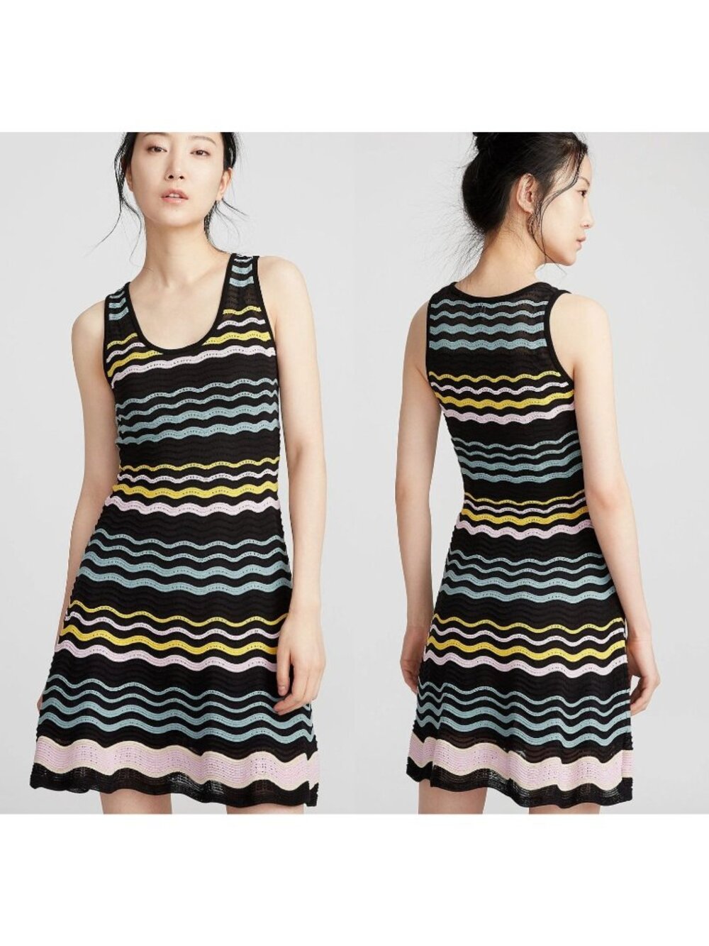 M MISSONI Knit Sleeveless Wave Crochet Ripple Mini Dress Black Multi Size 42